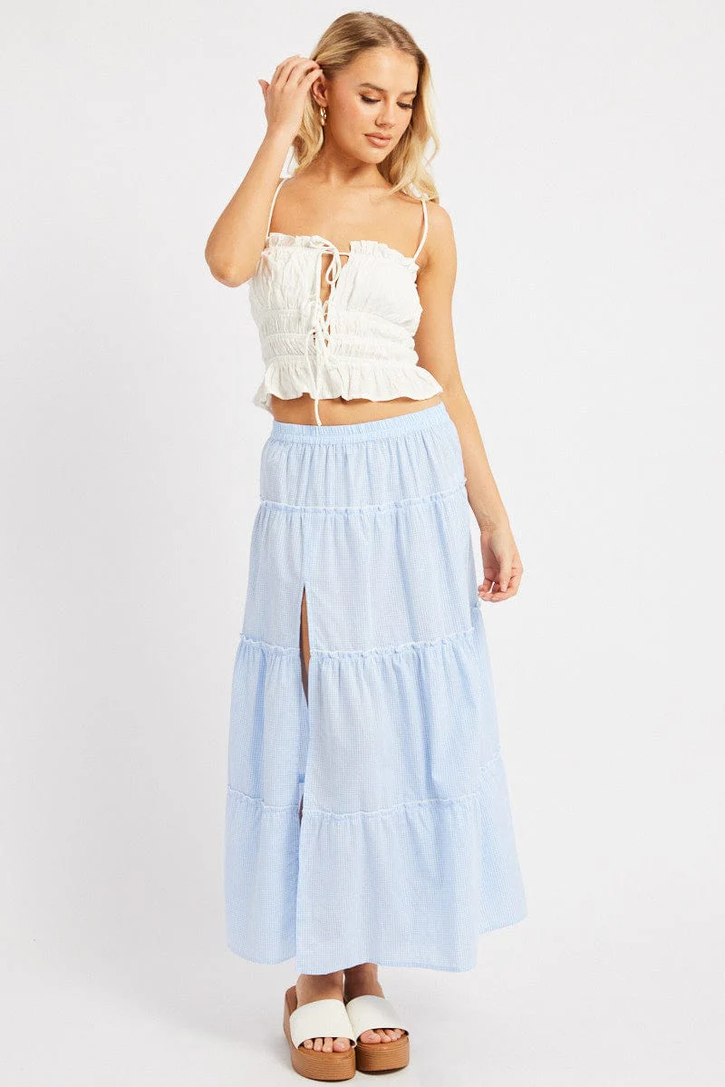 Blue Check Tiered Maxi Slit Skirt