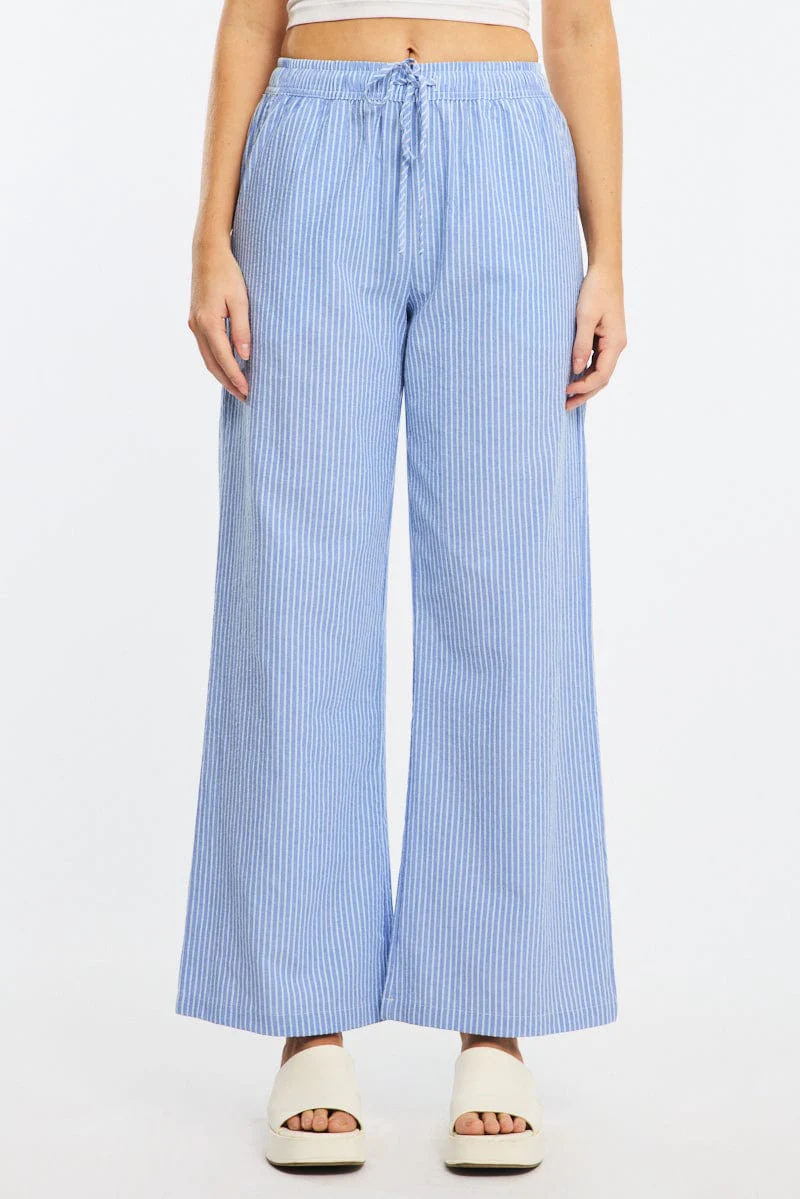 Blue Stripe Wide Leg Pants Elasticated Waist