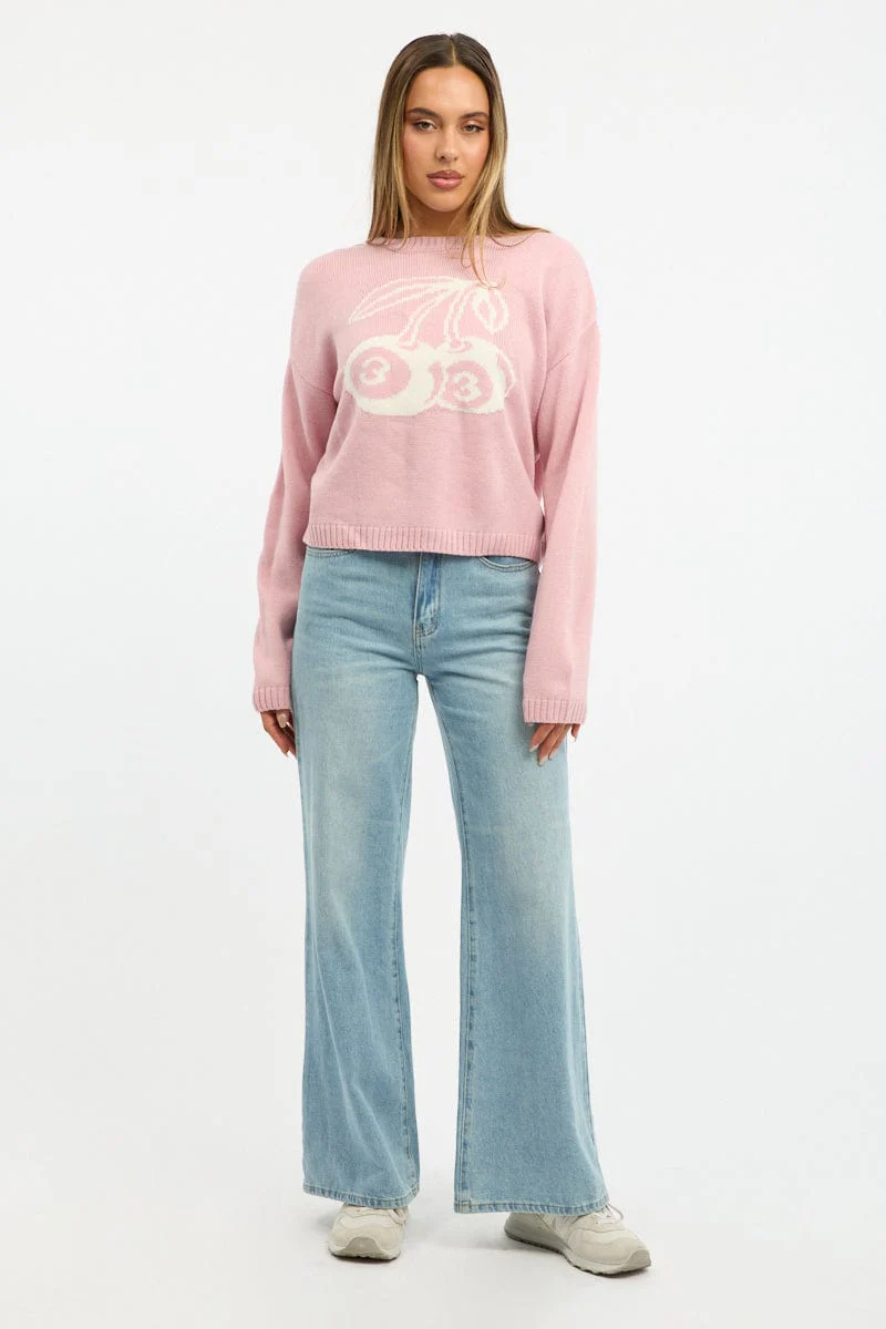 Pink Cherry Knit Top Long Sleeve