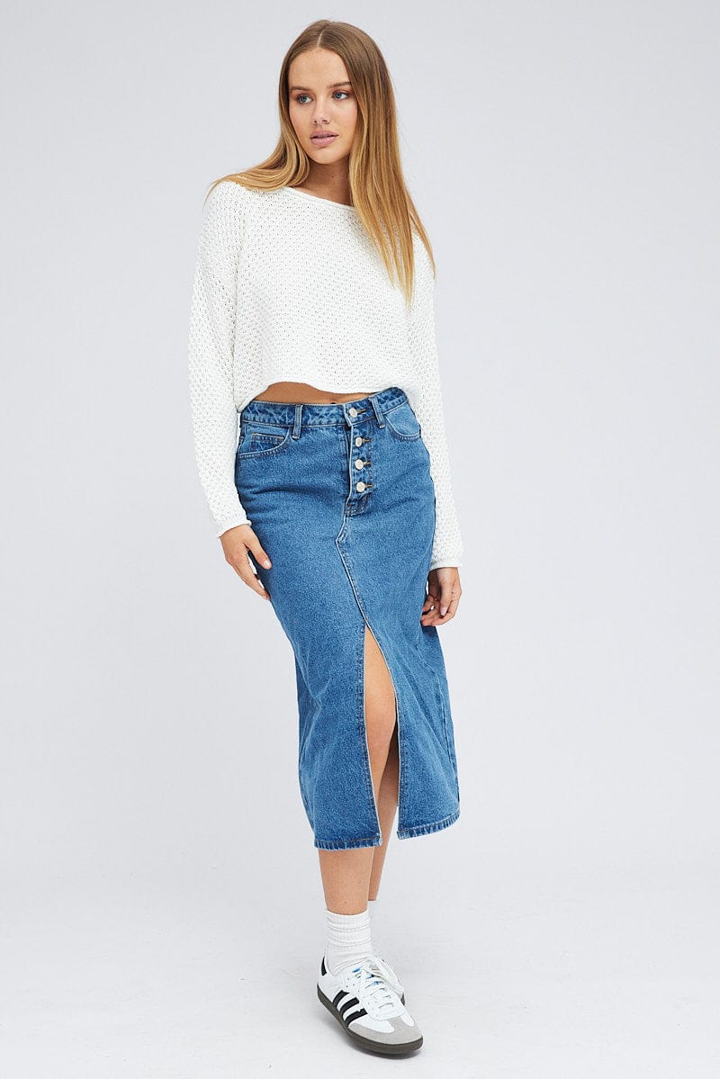 White Knit Top Long Sleeve Crew Neck