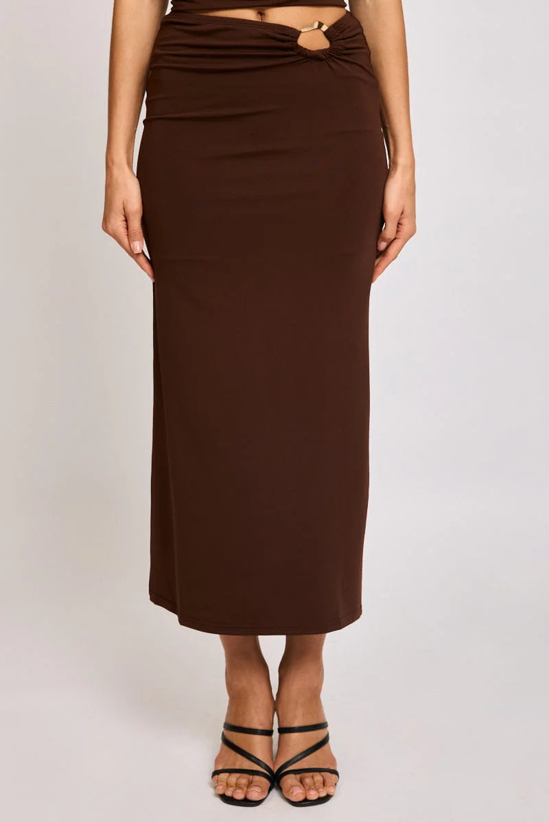 Brown Hardware Buckle Maxi Skirt Elastic Waist Lined