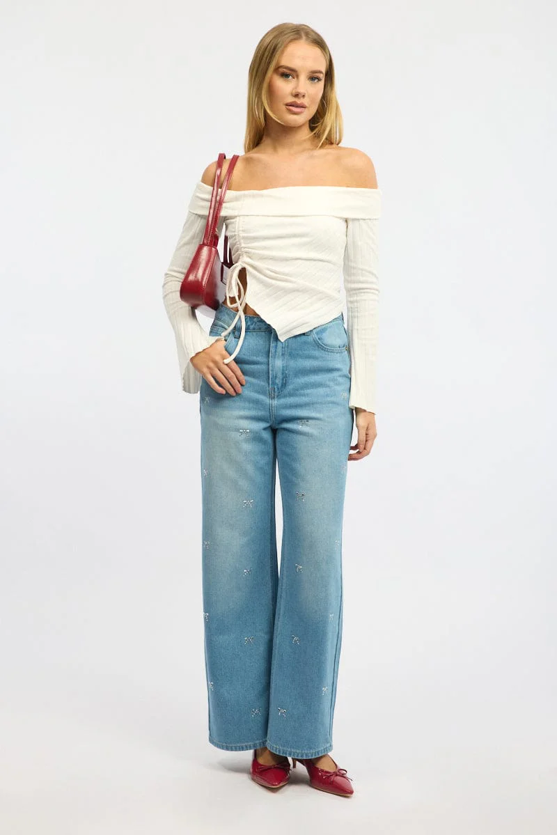 White Off Shoulder Top Long Sleeve Ruched