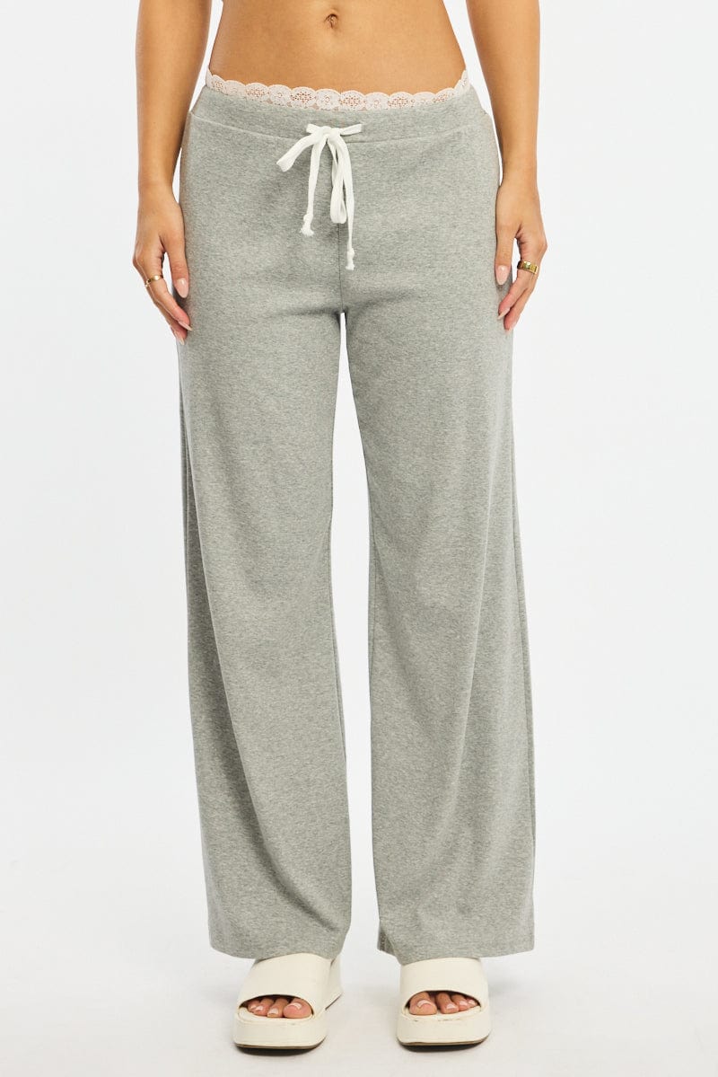 Grey Wide Leg Pants Lace Trim