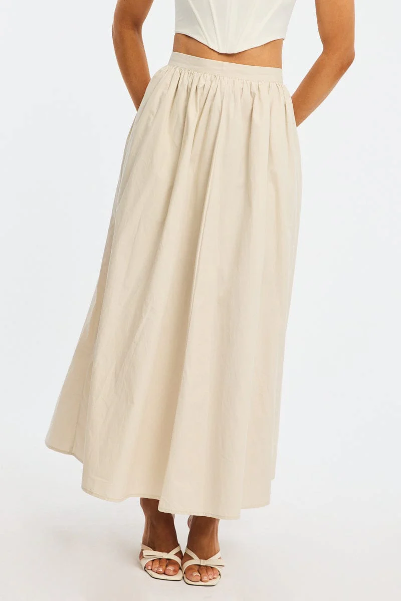 White Maxi Skirt High Rise A-line Volume Cotton