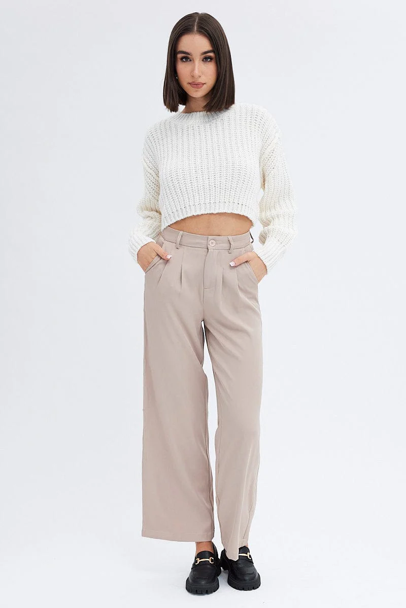 White Knit Top Round Neck Long Sleeve Crop