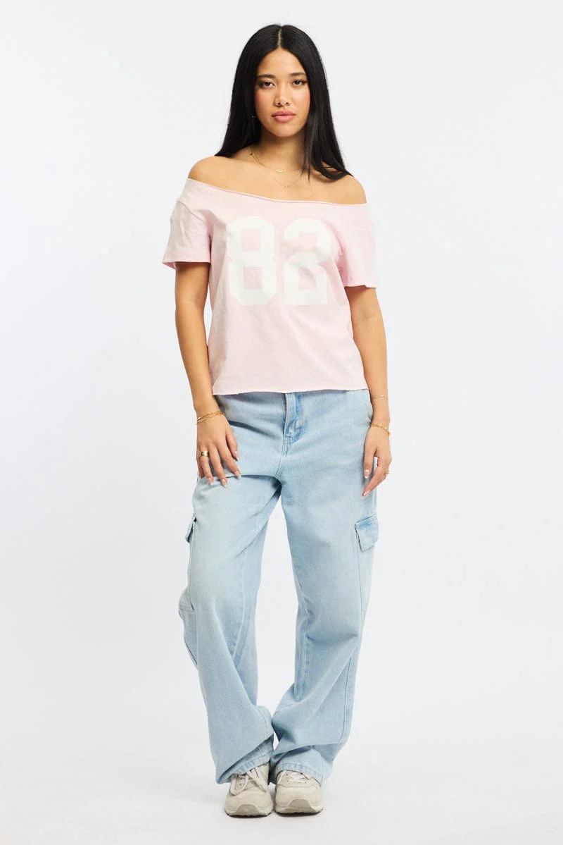Pink Graphic Tee Off Shoulder