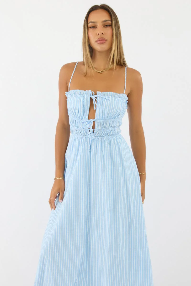 Blue Stripe Midi Dress Ribbon Detail Strappy