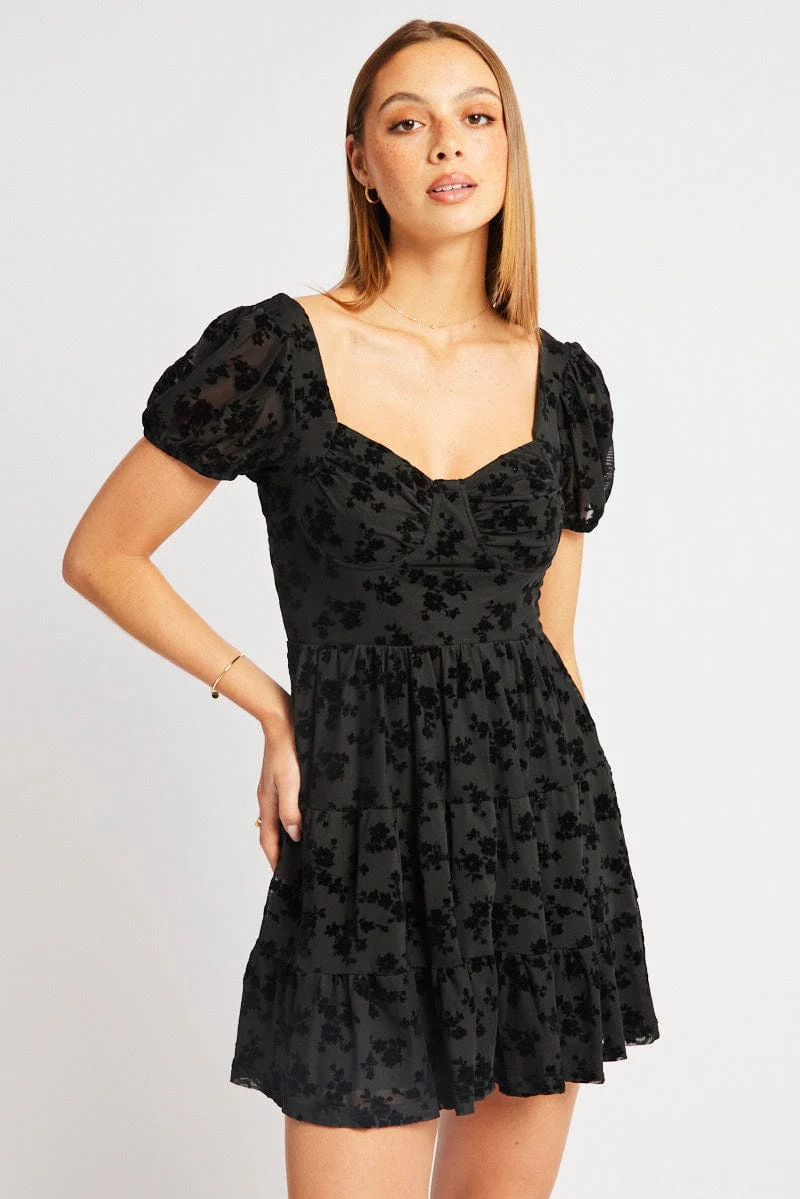 Black Fit And Flare Dress Mini Burn Out