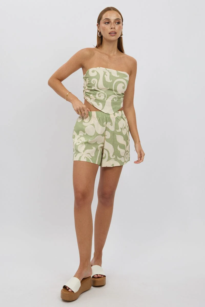 Green Abstract Relaxed Shorts High Rise