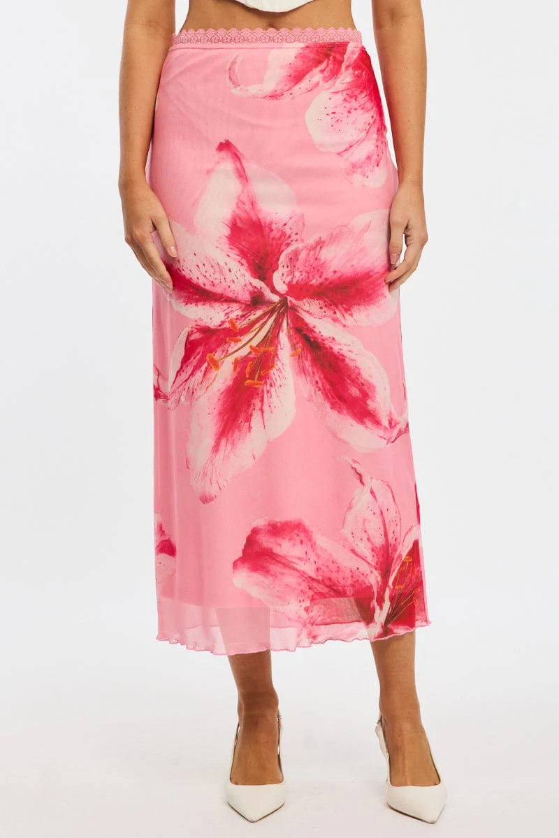 Pink Floral Mesh Skirt Elasticated Lace Trim Midaxi