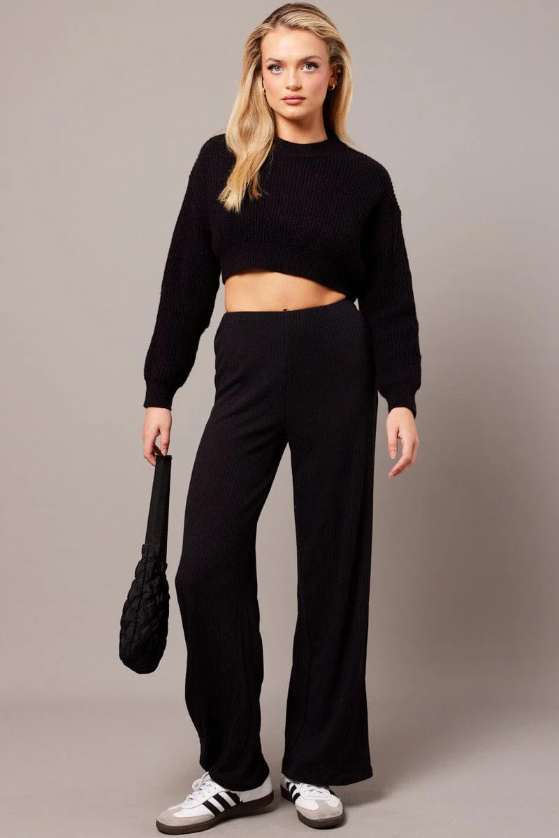 Black Wide Leg Pants Rib Jersey