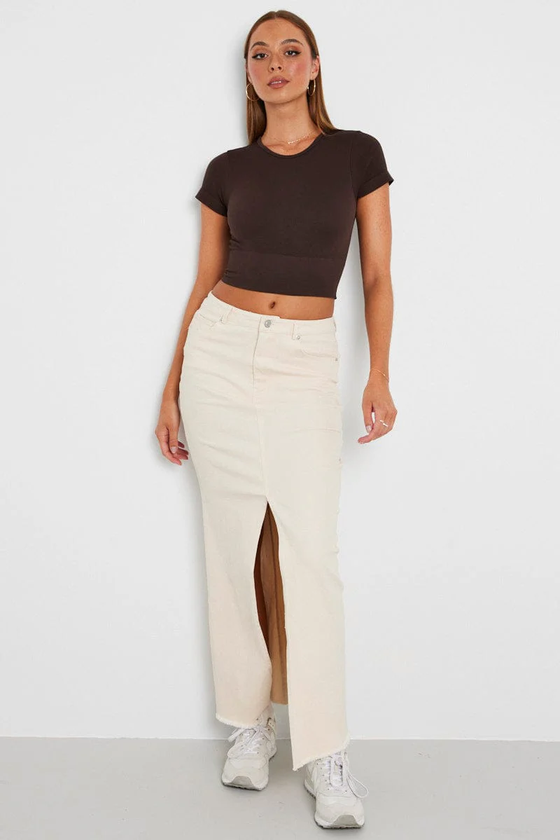 Beige Denim Skirt Maxi Front Split