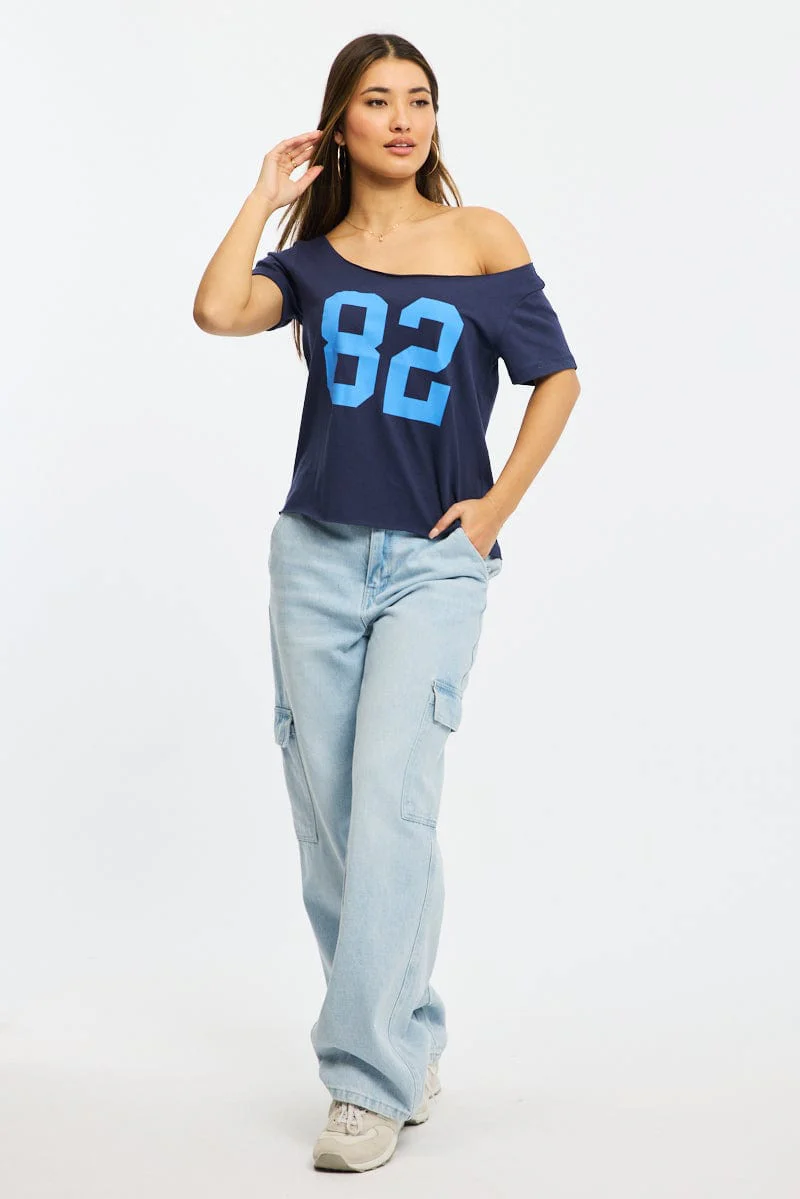 Blue Graphic Tee Off Shoulder