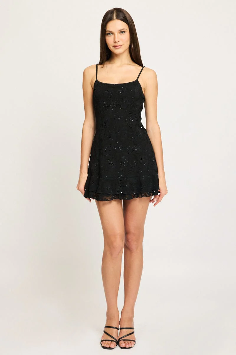 Black Mini Dress Strappy Lace