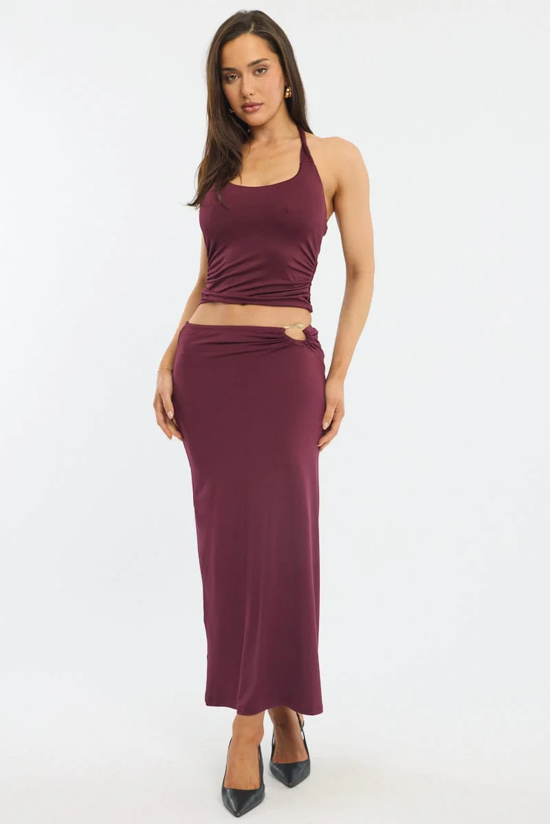 Red Hardware Buckle Maxi Skirt