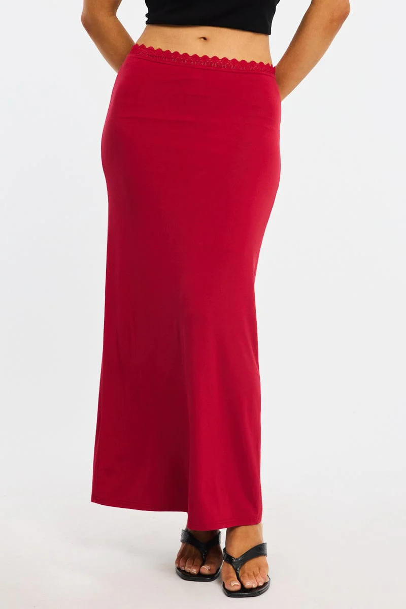 Red Maxi Skirt Elastic Waist Lace Trim Detail Lined
