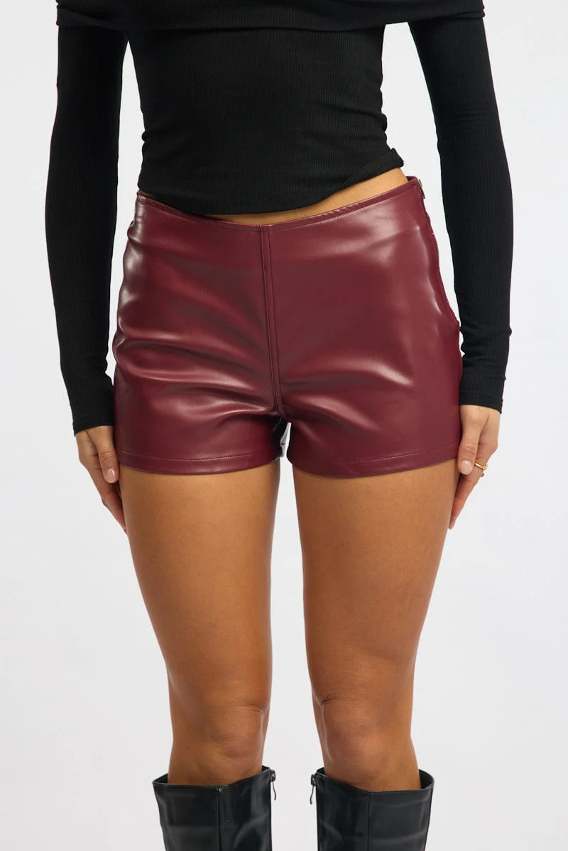 Red Low Rise Short Side Zipper Faux Leather