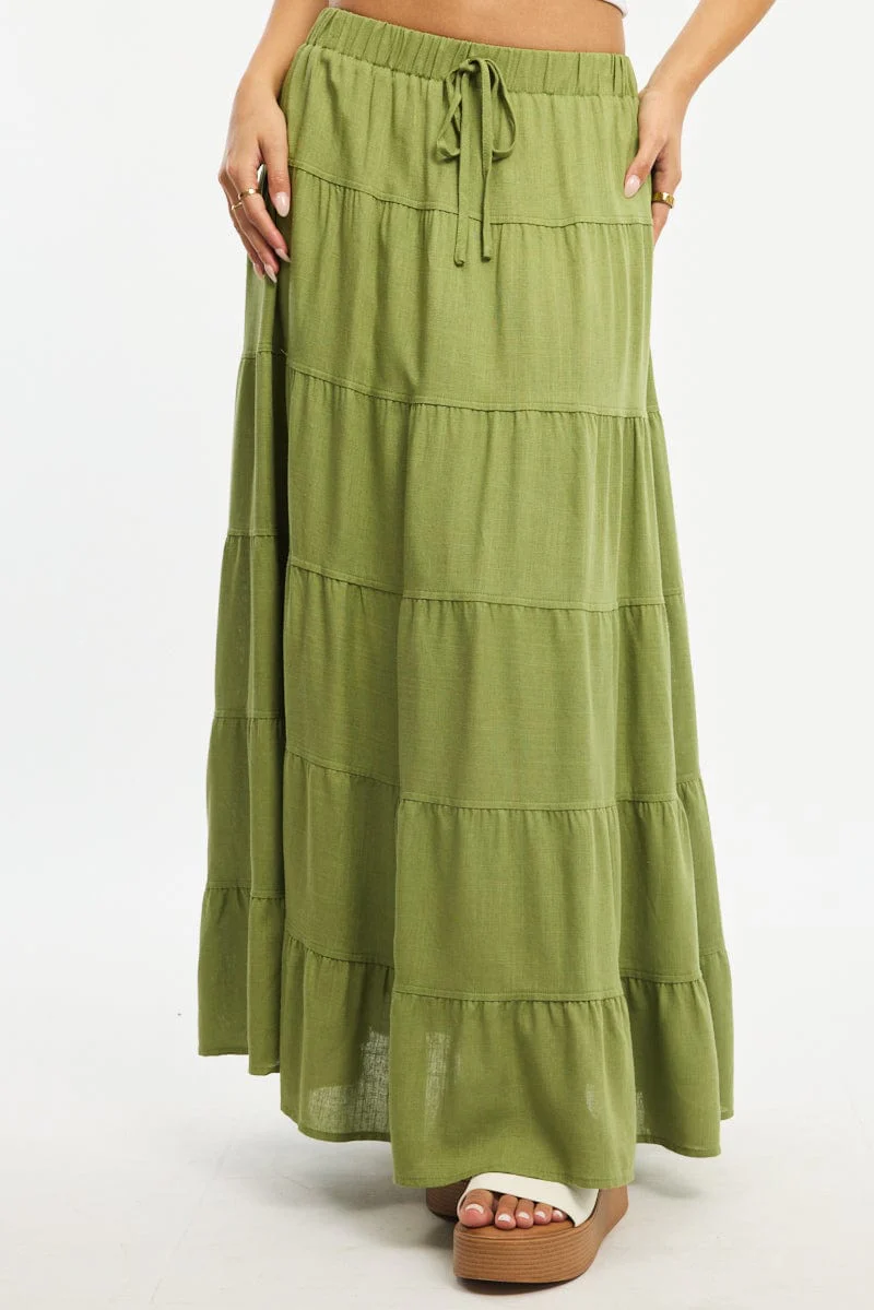 Green Maxi Skirt Tiered High Rise Linen Blend