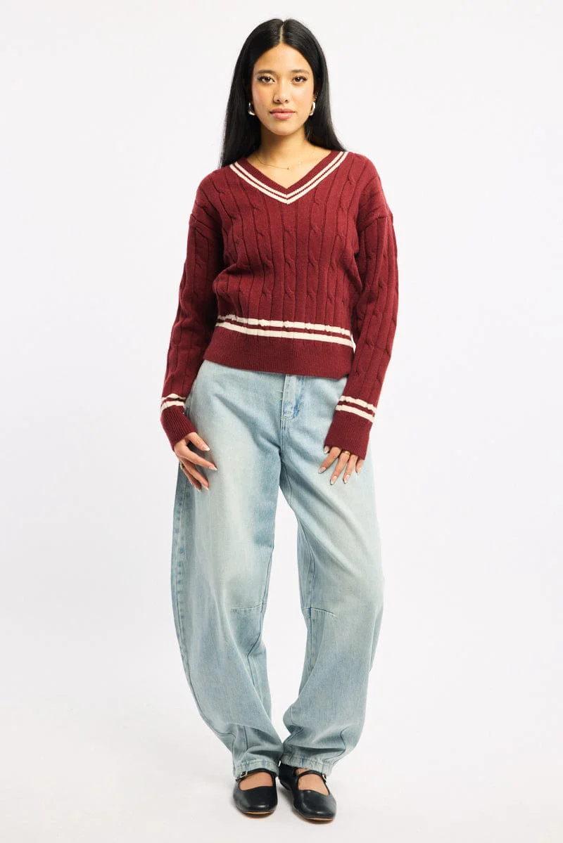 Red Cable Knit Top Long Sleeve V-neck