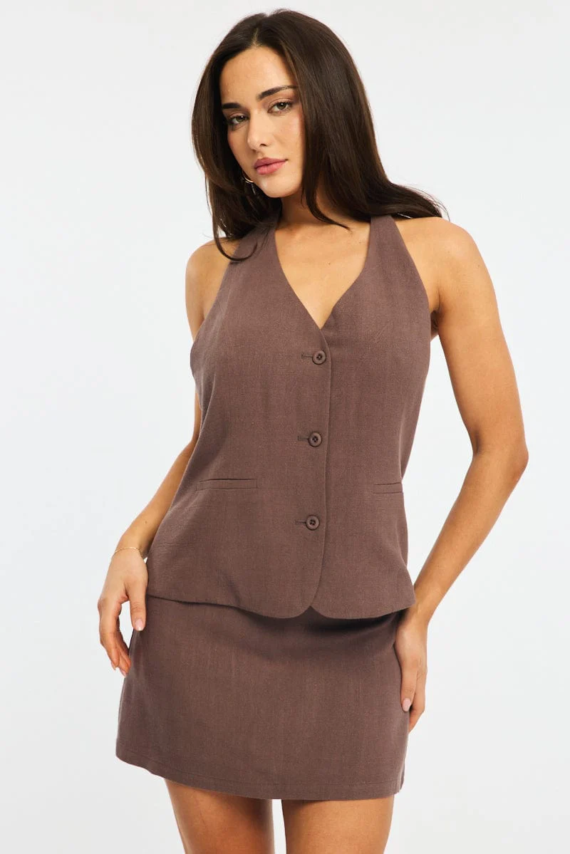 Brown Halter Vest Sleeveless Button Up Linen Blend
