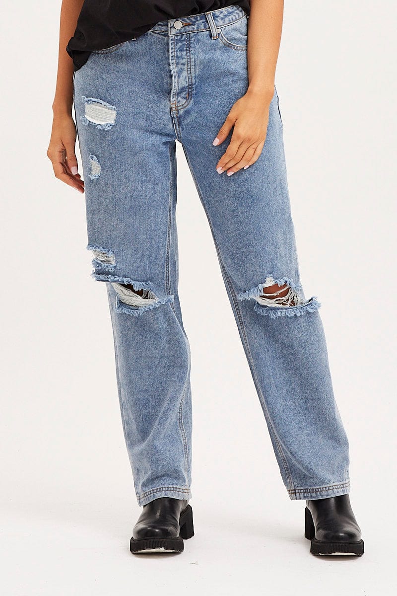 Blue Unisex Boyfriend Denim Jeans Mid Rise