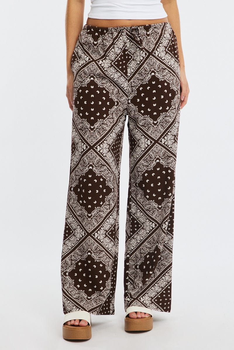 Brown Boho Wide Leg Pants High Rise