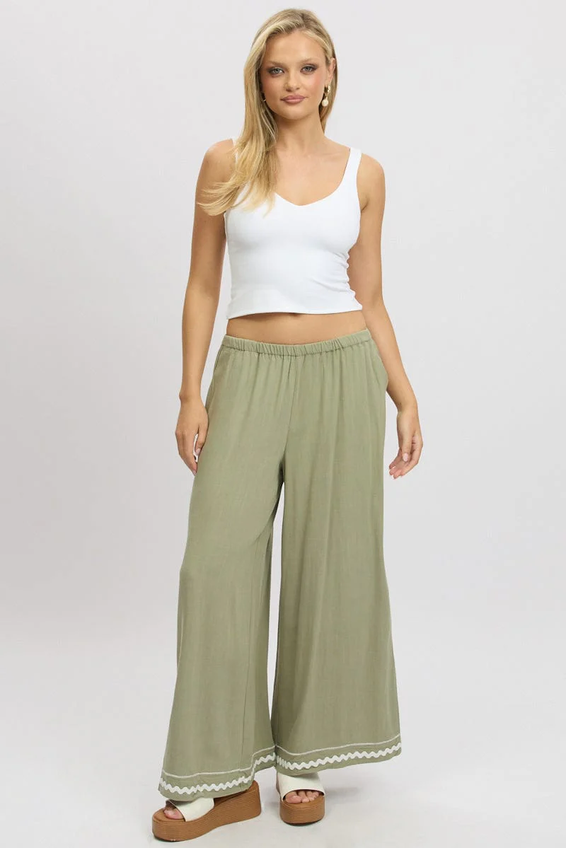 Green Wide Leg Pants High Rise