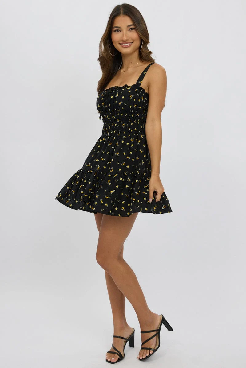 Black Ditsy Fit And Flare Dress Mini