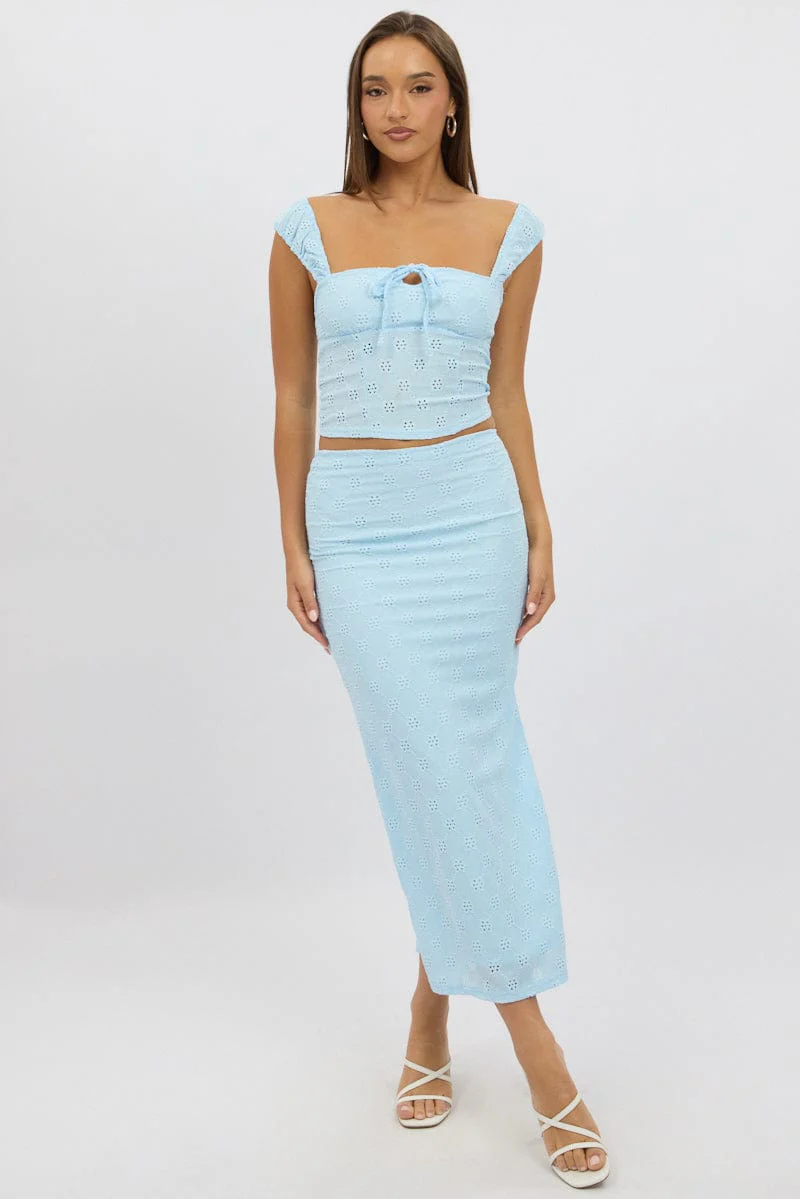Blue Midaxi Skirt High Rise Stretch Eyelet