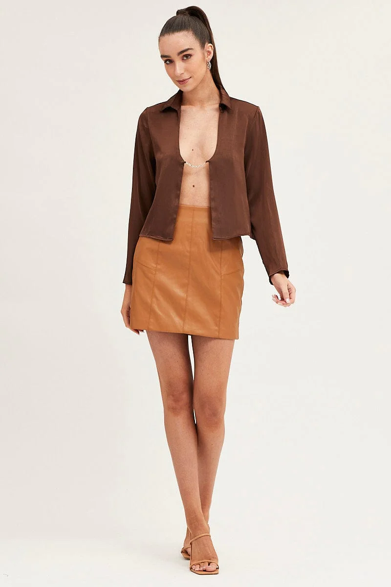Brown Satin Long Sleeve Collared Chain-Link Front Jacket