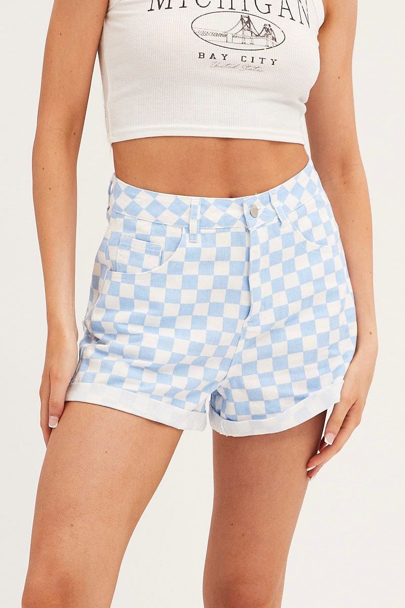 Blue Check Relaxed Denim Shorts High Rise