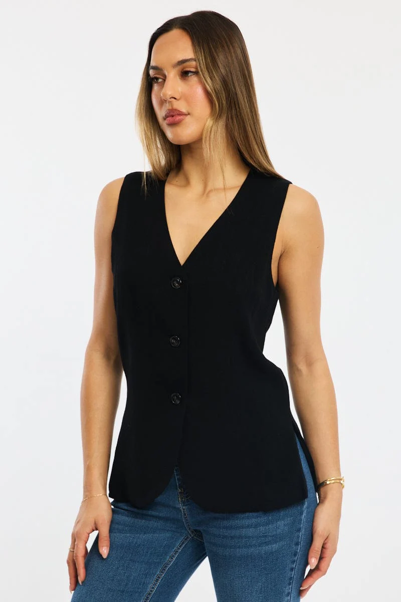 Black Linen Vest Longline V-neck