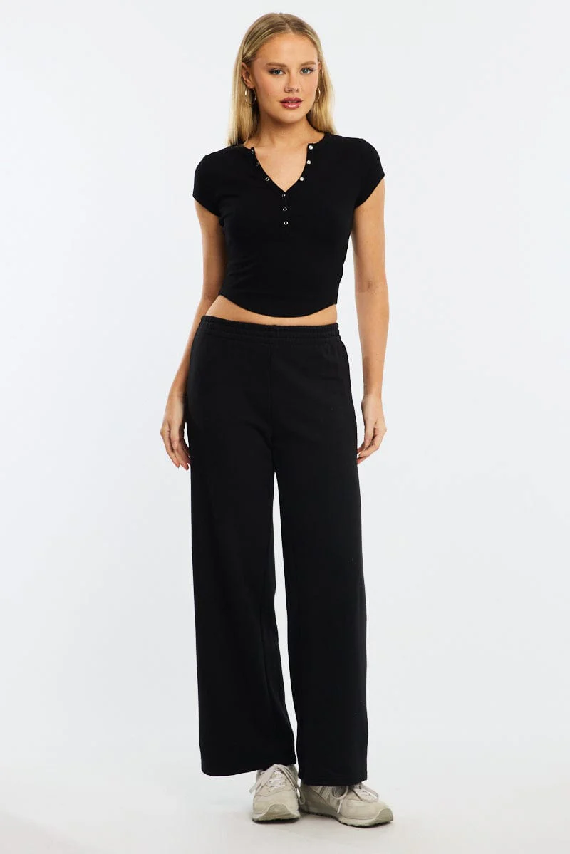 Black T-shirt Short Sleeve Henley Neck Rib