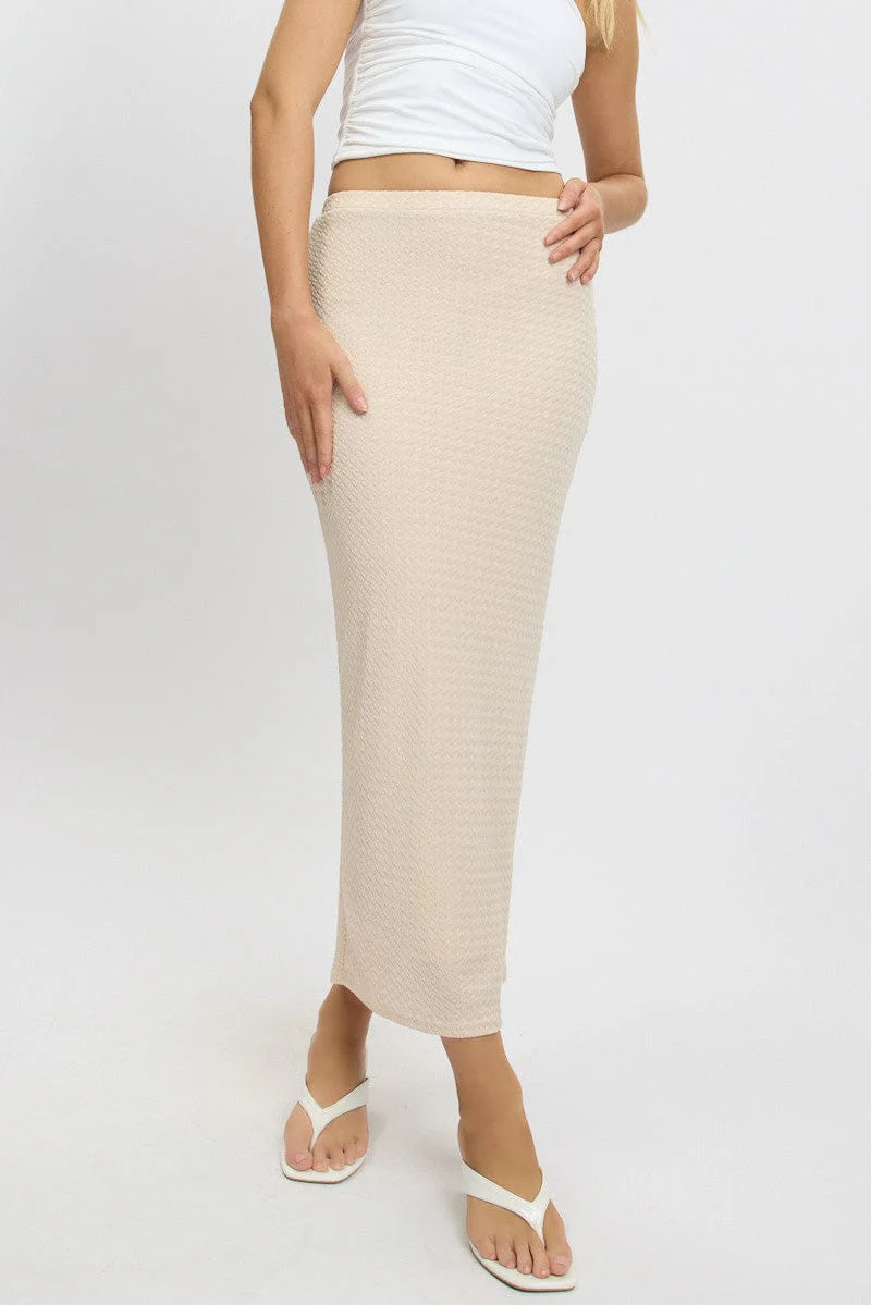 Beige Midi Skirt High Rise Textured Jersey
