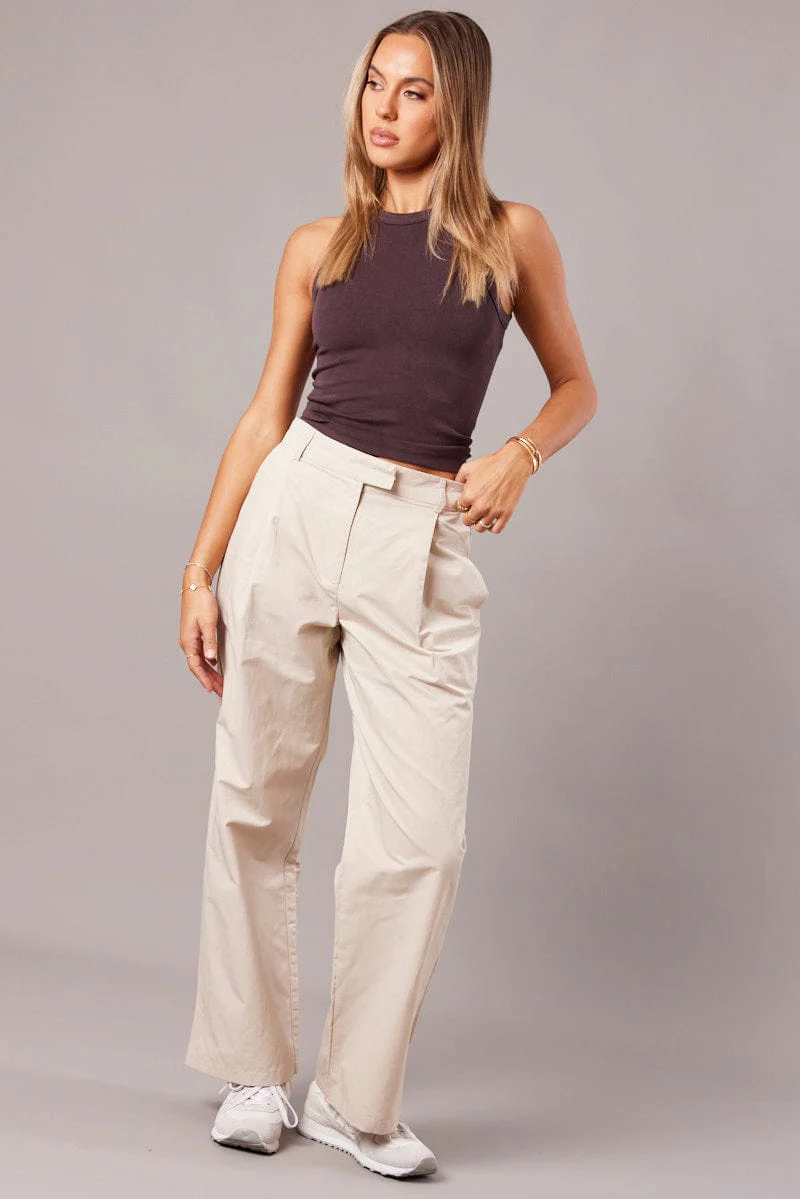 Beige Wide Leg Pants Pleated Front