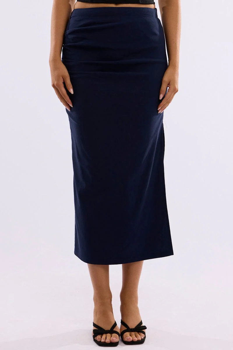 Blue Gathered Midi Skirt High Rise Bengaline Split