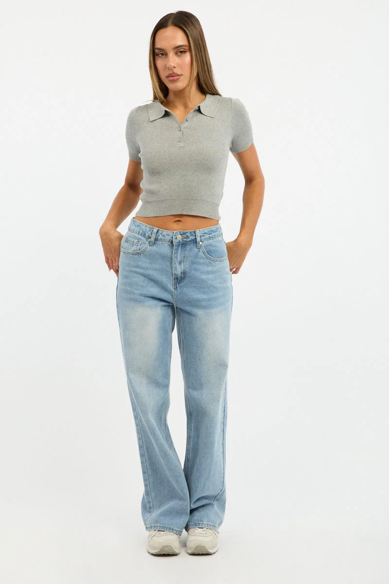 Grey Knit Top Short Sleeve Polo Collar