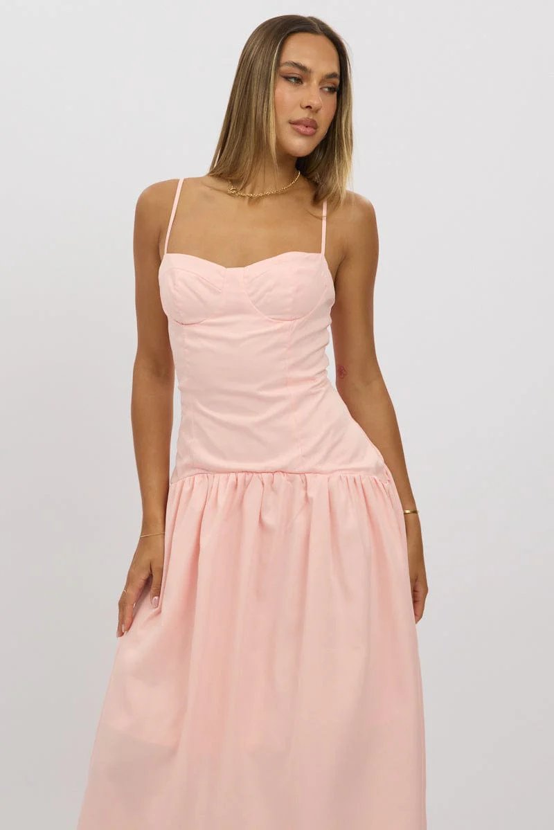 Pink Midi Dress Drop Waist