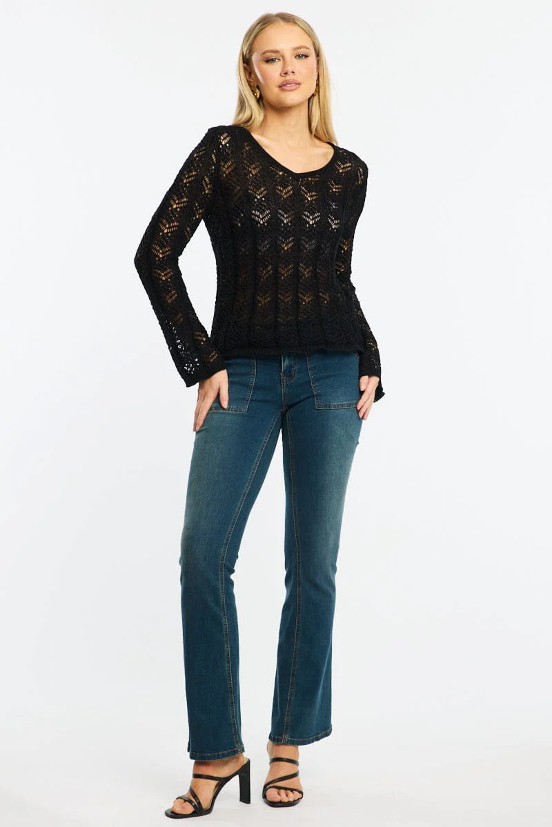 Black Crochet Knit Top Long Sleeve