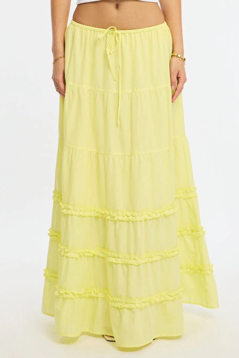 Yellow Maxi Skirt Elasticated Waist Tiered Frilled Detail