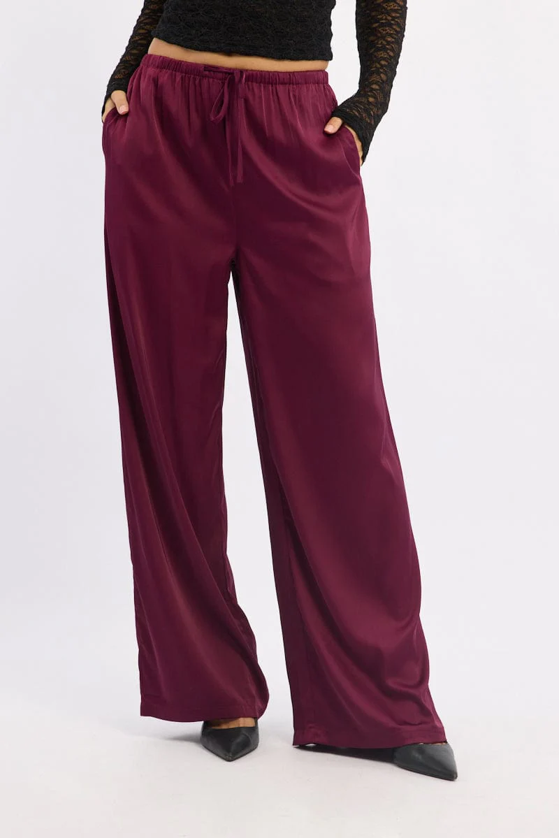 Red Wide Leg Pants High Rise Satin