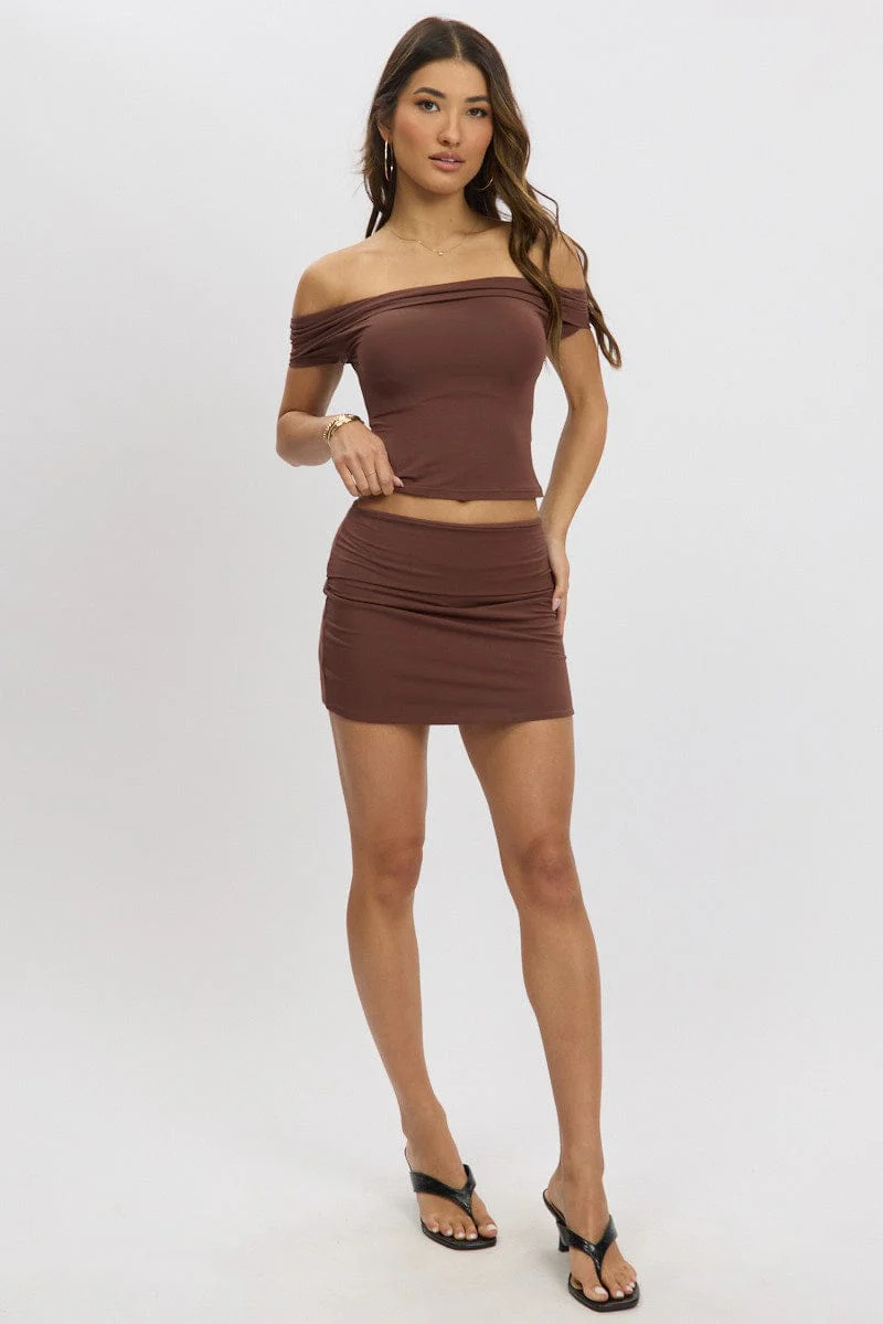 Brown Mini Skirt Fold Down Waist Modal