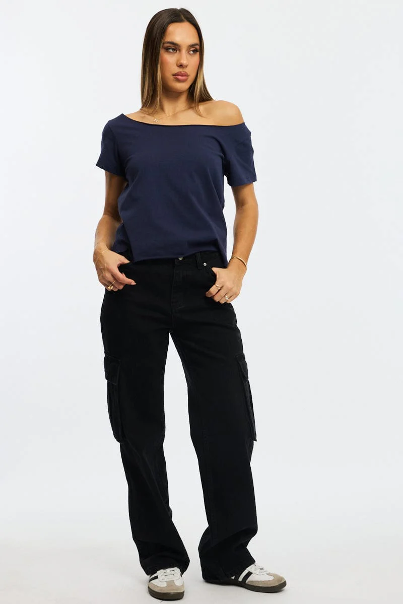 Blue Off Shoulder Tee Short Sleeve