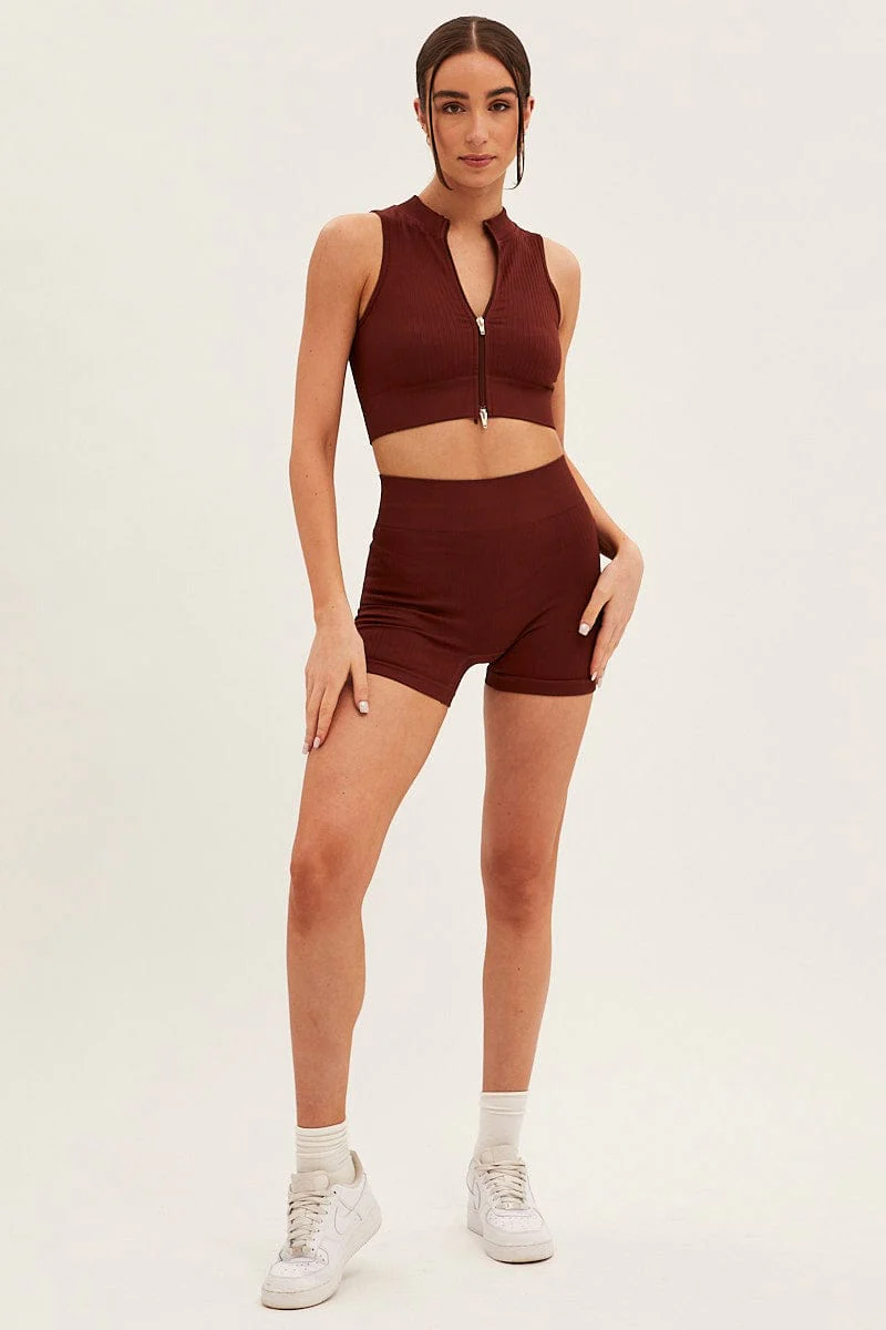 Brown Seamless Zip Top And Bike Shorts Activewear Set