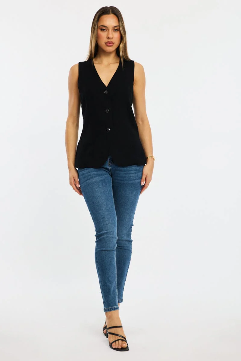 Black Linen Vest Longline V-neck