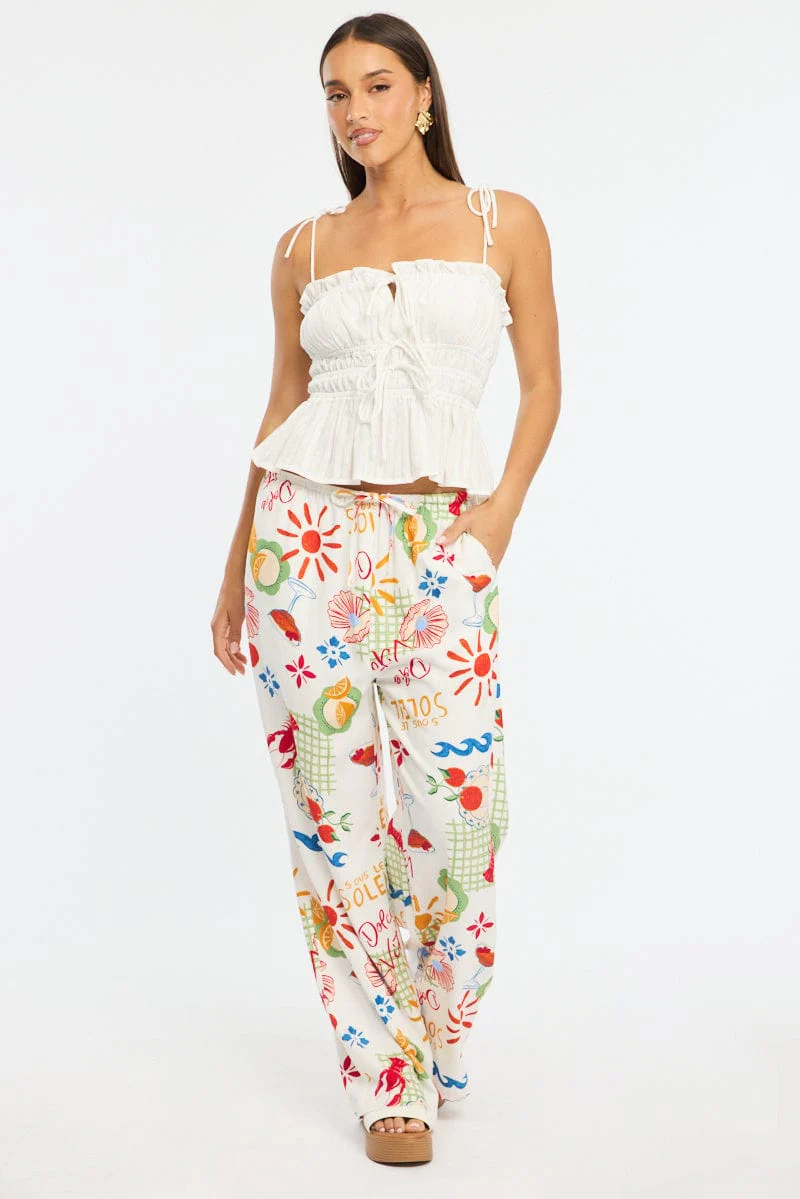 White Gathered Tie Cami Sleeveless Notched Front