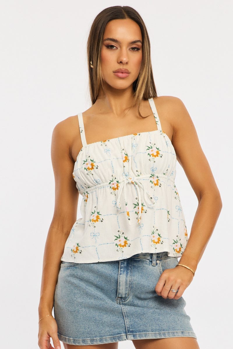White Floral Cami Top Sleeveless Front Tie Babydoll Linen Blend