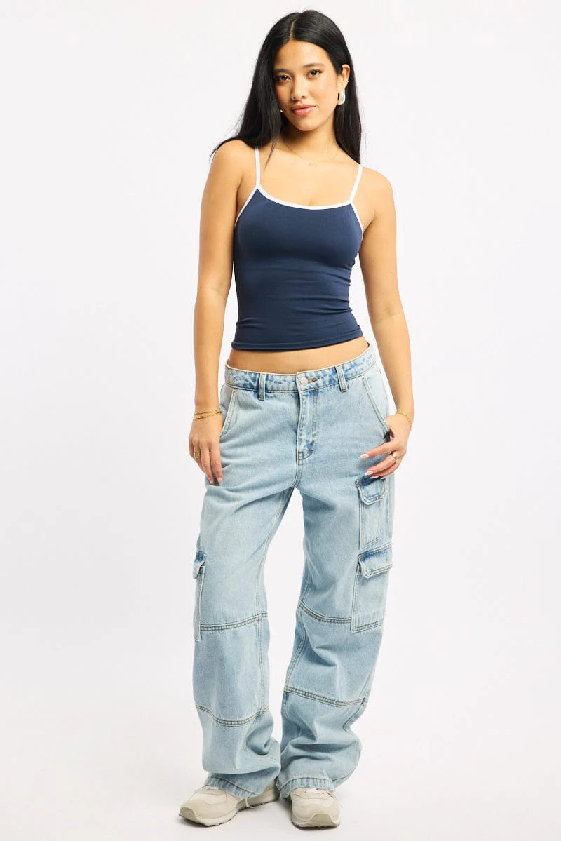 Blue Singlet Top Contrast Binding Seamless