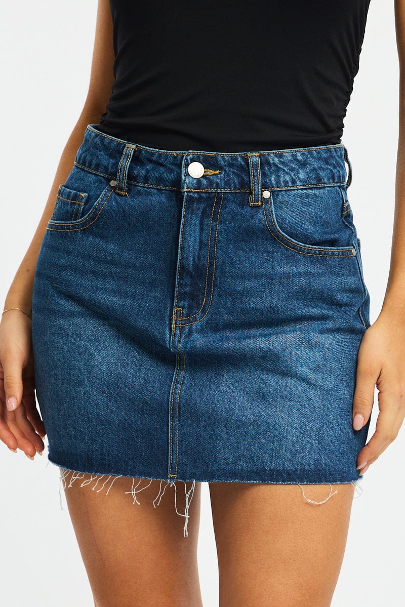 Denim Mini Skirt Mid Rise Raw Edge