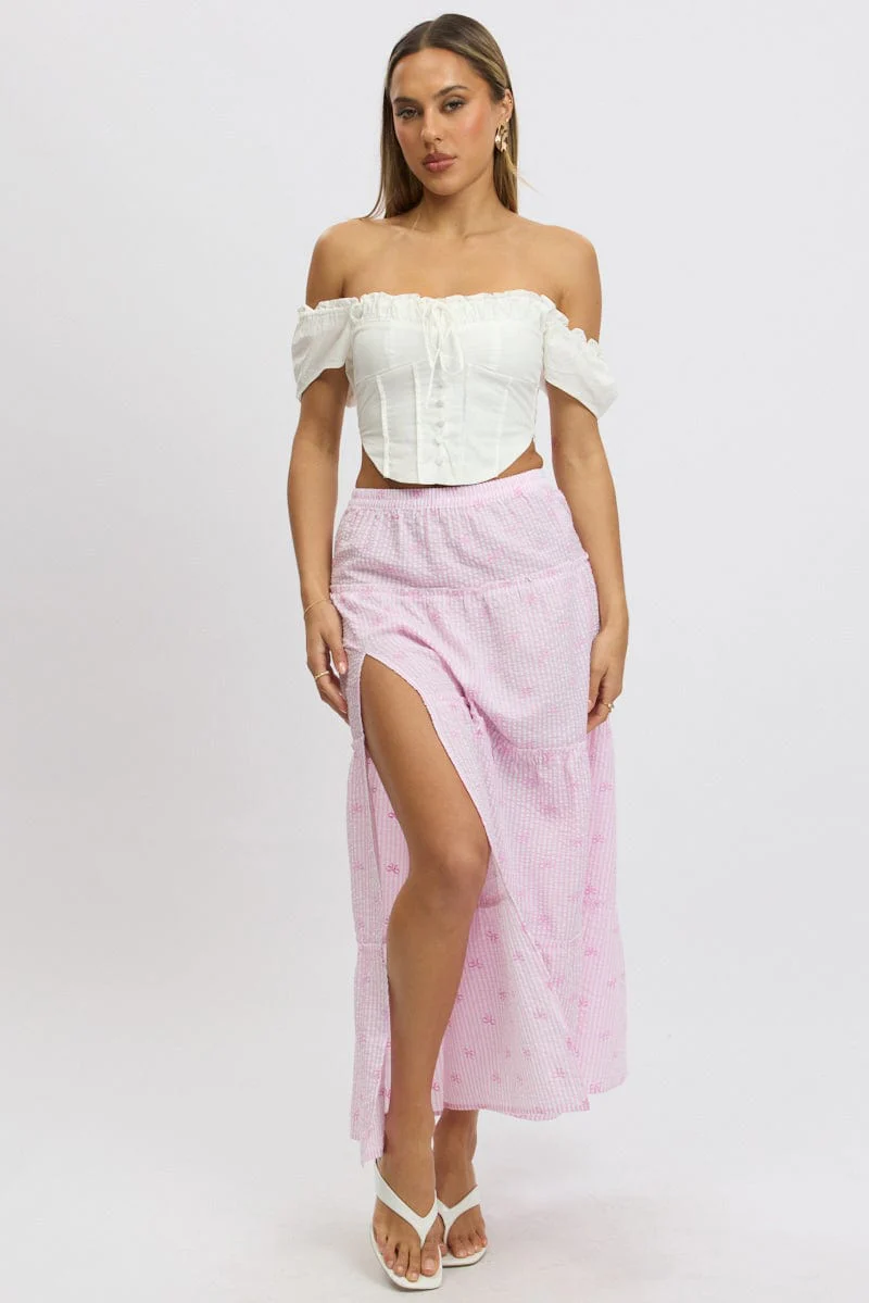 Pink Stripe Tiered Maxi Skirt Elastic Waist Slit Ruffle